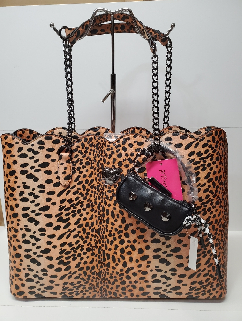 Betsey Johnson Leopard Print Scalloped Tote Bag with Mini Pouch - Black & Tan